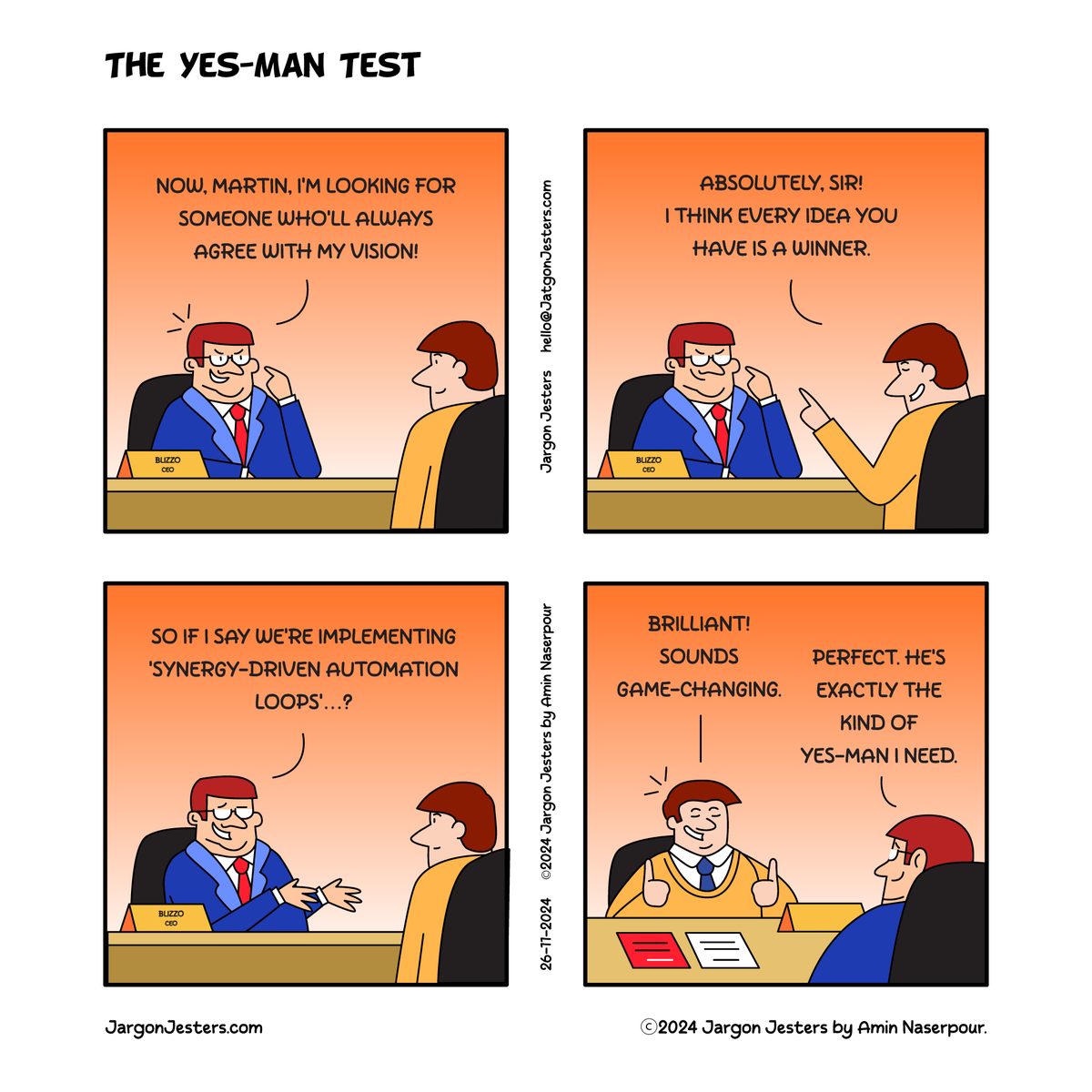 jargonjesters's tweet photo. Blizzo’s got a checklist for the ideal solution architect: must love every idea, no matter how… "unique." Interview day confirms it—he's found his "yes-man" 😆

👉 follow @jargonjesters for daily office comics and memes

#jargonjesters #officememes #workplacecomic #workplacememe https://t.co/fHhctvYrQs