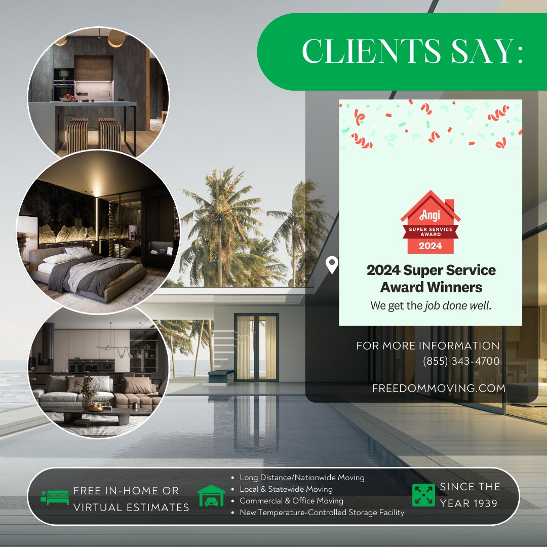 FreedomMoving's tweet image. We are honored to be recognized as a 2024 Super Service Award Winner on Angi, ranking us among the top 1% of service providers. Since 1939, our unwavering commitment to excellence has made us the premier choice for moving.
freedommoving.com (855) 343-4700
#movingcompanies