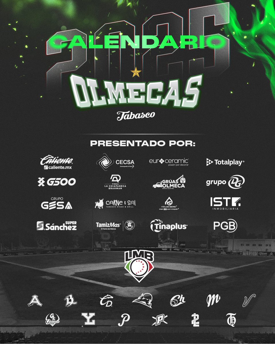 OlmecasTabasco's tweet photo. Este 2025, celebrando 1️⃣0️⃣0️⃣ años de la #LMB les presentamos el calendario oficial 

¡Los esperamos en casa el 18 de abril para que juntos gritemos “PLAY BALL”! 🗣️

#SiempreOlmecas #BeisbolizaTuVida ⚾️ https://t.co/9QeNlsZ1VC