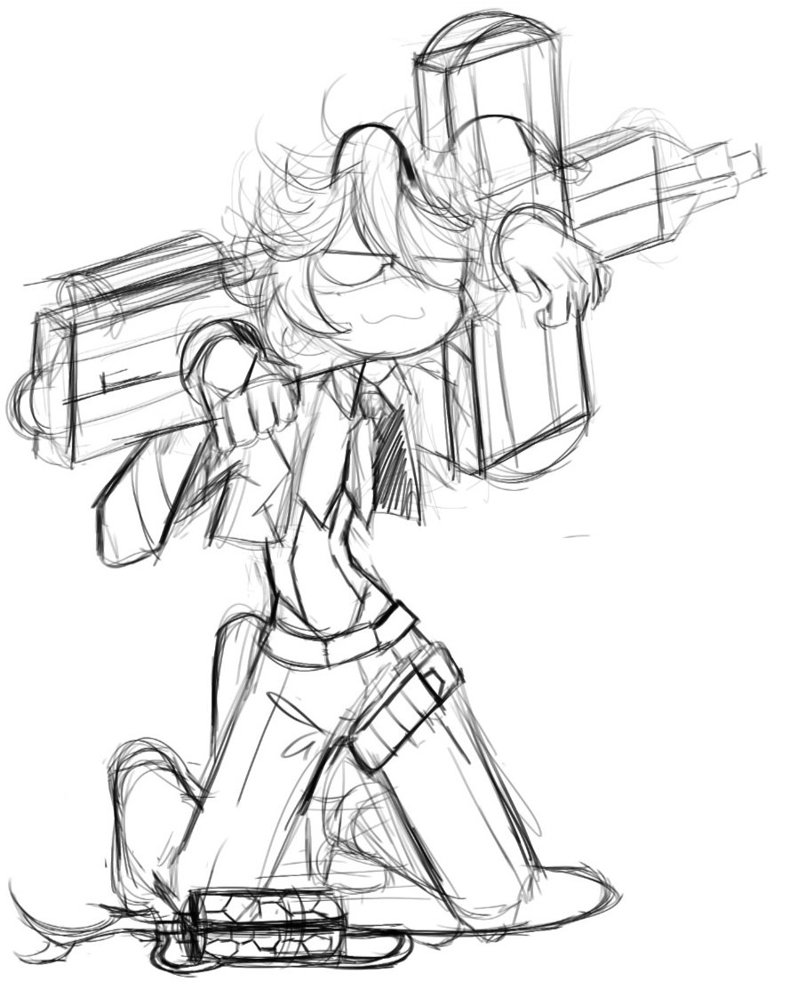Pixicryle's tweet image. Oc and his ridiculously large cross weapon doodle
#muderdronesoc