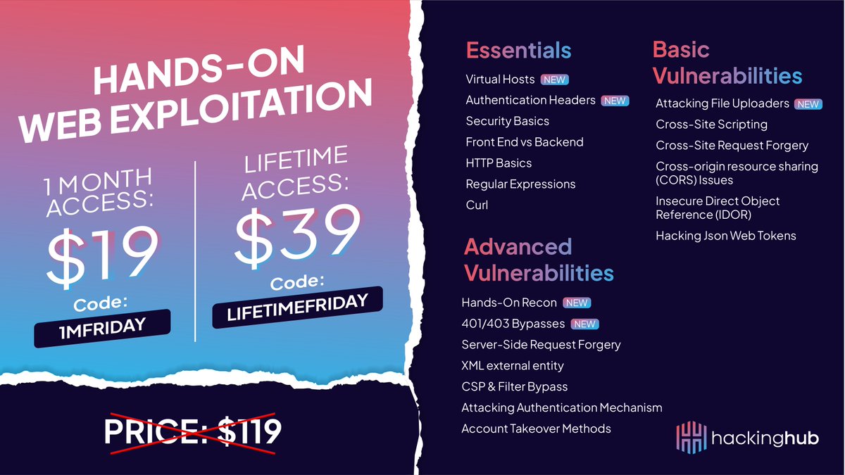 NahamSec's tweet image. ๐จ I convinced my team to do one last giveaway!
Options: hhub.io/eu2wxGj
๐ Full Access: $199
๐ป Lifetime Course: $39 (includes updates)
๐ฏ 1-Month trial (no updates): $19
TWO WINNERS (1 each):
- Full cert bundle
- Lifetime access
Enter: โช๏ธ RT + Reply with ๐ฏ