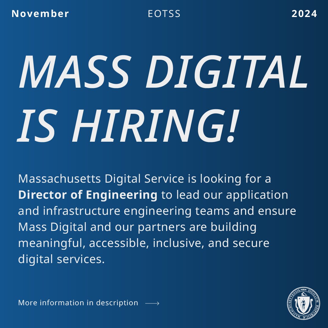 We’re looking for a Director of Engineering to lead our application and infrastructure engineering teams and ensure Mass Digital and our partners are building meaningful, accessible, inclusive, and secure digital services. Learn more: ow.ly/zKYT50Uf8Bs