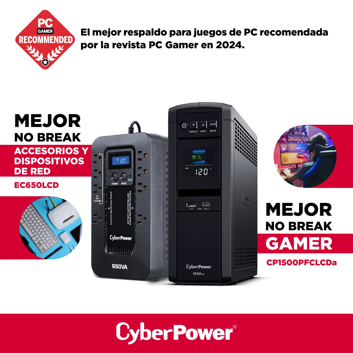 Conoce nuestros equipos premiados por la Revista <a href="/pcgamer/">PC Gamer</a> como el mejor respaldo para juegos de PC 🏆🎮, el EC650LCD para #accesorios y #dispositivos de #red y el CP1500PFCLCDa el mejor No Break #gamer 🙌