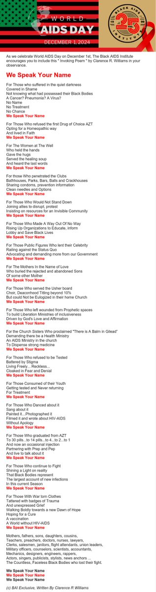 World AIDS Day 2024 - We Speak Your Name!
<a href="/blackaids/">Black AIDS Institute</a> Written by Clarence R Williams