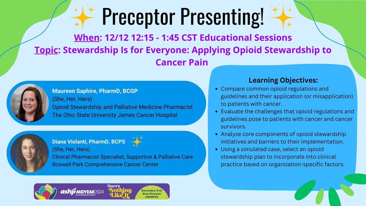Roswell Park Pharmacy PGY2 Residency Programs (@rpccc_pharmpgy2) on Twitter photo Our <a href="/RoswellPark/">Roswell Park</a> palliative care preceptor, Diana Violanti, PharmD, BCPS will be presenting at ASHP Midyear! She will be presenting with Maureen Saphire, PharmD, BCGP on a topic regarding opioid and pain management. See details below! #ASHPMidyear2024 Our <a href="/RoswellPark/">Roswell Park</a> palliative care preceptor, Diana Violanti, PharmD, BCPS will be presenting at ASHP Midyear! She will be presenting with Maureen Saphire, PharmD, BCGP on a topic regarding opioid and pain management. See details below! #ASHPMidyear2024