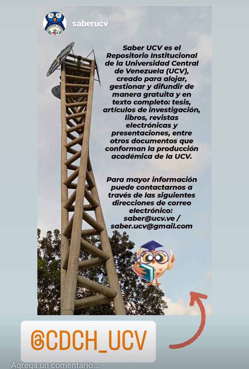 REPOSITORIO INSTITUCIONAL SABER UCV 
La herramienta más útil para ingresar, en acceso abierto, a los productos académicos que se generan en nuestra Casa de Estudios.

Con más de 40.000 documentos científicos
Enlace👇
saber.ucv.ve

SaberUCV
Ventana al conocimiento
