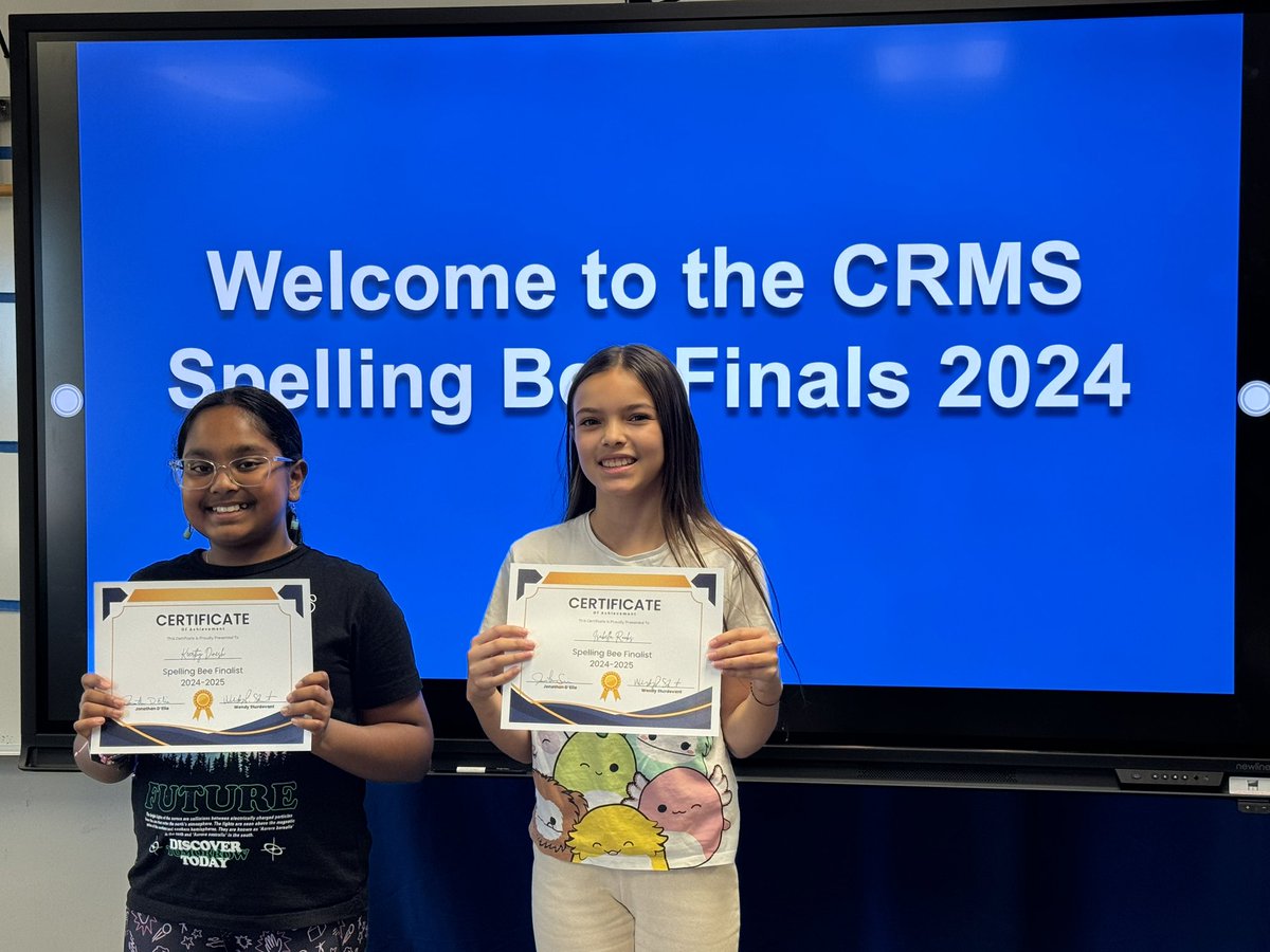 The 2024 Spelling Bee Finals were very competitive this year and we had 2 finalists advance to regionals. 👏
Congratulations to CRMS Champion Isabella Rooks and runner-up Keerthy Dinesh - well done! 
#SoaringToSuccess💙🦅💛