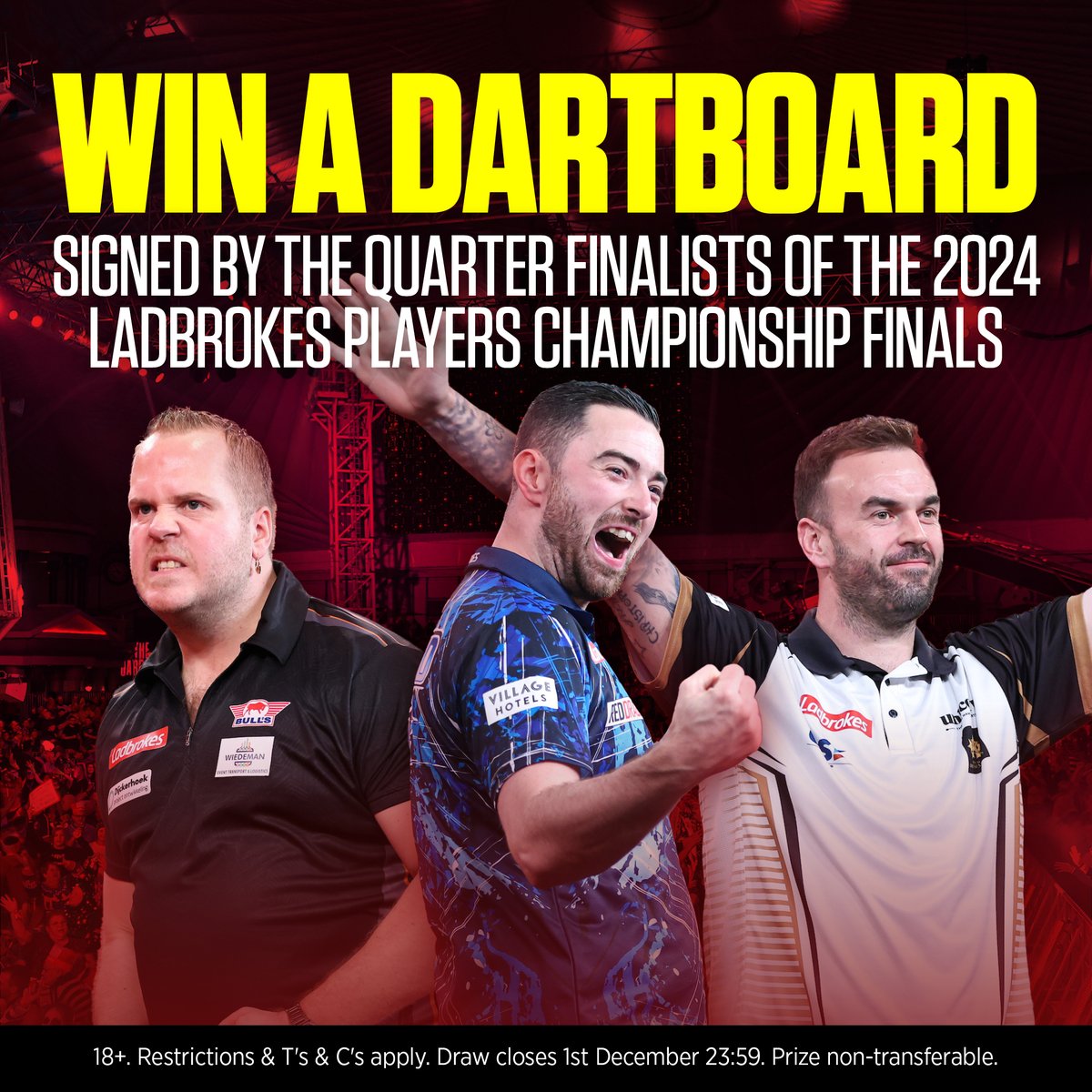 WIN a dartboard signed by ALL of the quarter-finalists at this weekend's Ladbrokes Players Championship Finals 🎯🎯
 
All you have to do is…
 
🔥 RETWEET &amp; LIKE this post
🔥 FOLLOW @ladbrokes &amp; @officialPDC
🔥 TAG a darts fan in the replies! 
 
Each comment counts as a new entry