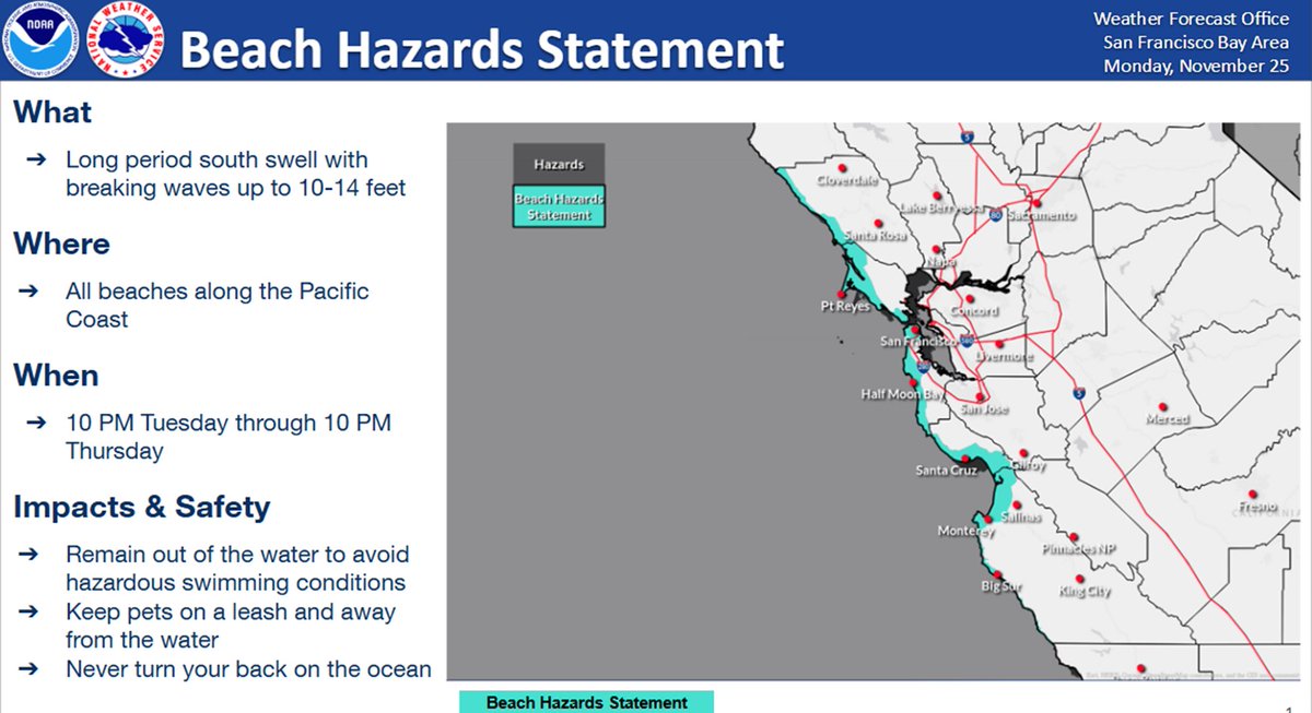 Beach Hazards Statement is in effect from coastal Monterey County to coastal Sonoma County 10 PM Tuesday through 10 PM Thursday. Expect long period south swell with breaking waves up to 10 to 14 feet. #CAwx