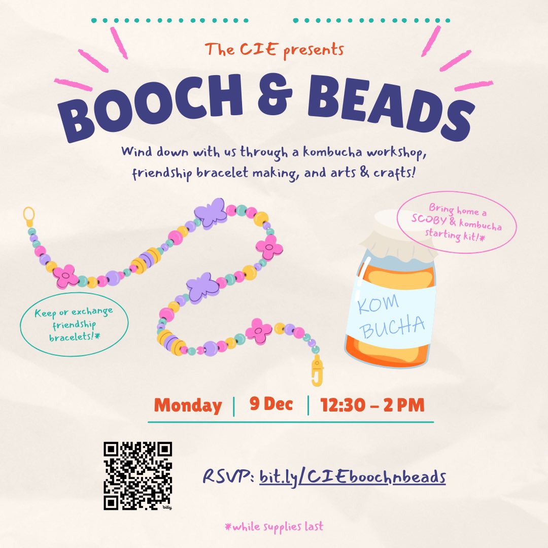 CIE Stony Brook (@ciestonybrook) on Twitter photo Join us for our December wellness event: ✨ Booch & Beads ✨
📅 Monday, December 9th
⏰ 12:30–2 PM
Let’s wind down from the upcoming hectic finals & deadlines week and enjoy ourselves —supplies are limited, so don’t miss out!
RSVP here: bit.ly/CIEboochnbeads Join us for our December wellness event: ✨ Booch & Beads ✨
📅 Monday, December 9th
⏰ 12:30–2 PM
Let’s wind down from the upcoming hectic finals & deadlines week and enjoy ourselves —supplies are limited, so don’t miss out!
RSVP here: bit.ly/CIEboochnbeads