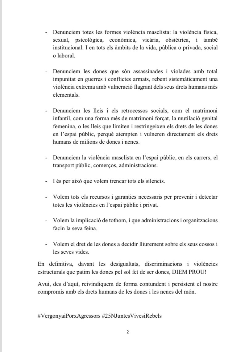 💜 Amb motiu del Dia Internacional de l'Eliminació de la Violència contra la Dona, hem fet la lectura del nostre  manifest amb el lema "Diem prou! davant les violències i discriminacions".

Llegiu-lo aquí: