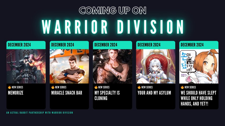 🚨 Announcement:  Astral Rabbit is teaming up with Warrior Division to bring you male-focused Korean novels! 

Warrior Division holds exclusive rights for ebooks, prints, and audio format plus early web serial access before wider distribution.