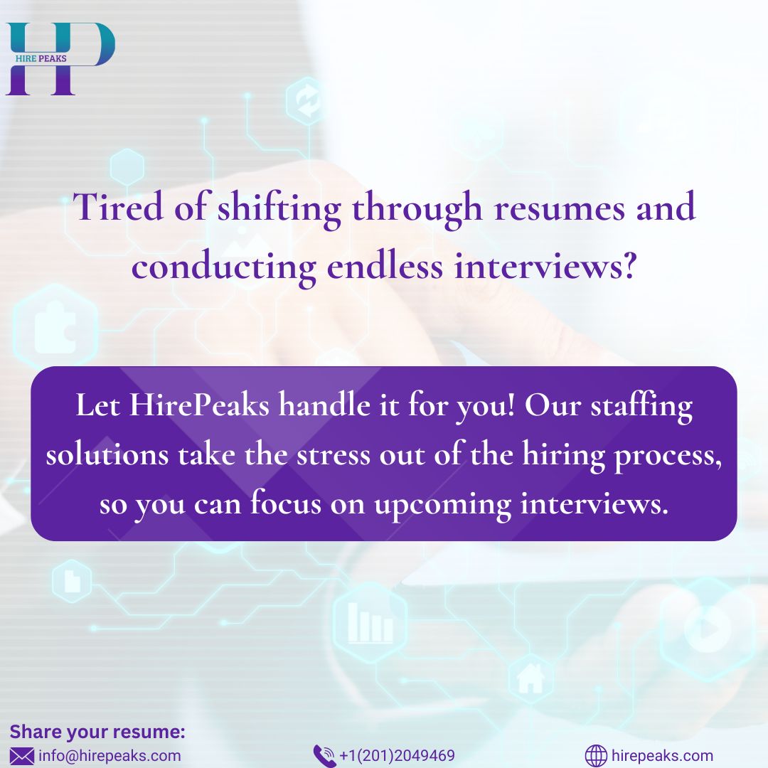 Tired of shifting through resumes and conducting endless interviews?

#######

Please share your resume to : info@hirepeaks.com / Jagrati@hirepeaks.com

#hirepeaks #hirepeaksindore #hiring #testimonial #staffing #recruiter #recruitment #employement #employementagencies