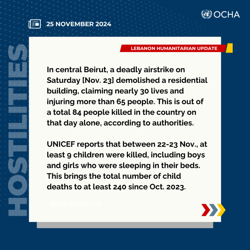 OCHALebanon's tweet photo. The Office for the Coordination of Humanitarian Affairs says that #Lebanon is facing its deadliest period in decades, with an unprecedented humanitarian crisis affecting more than a million people.

Daily Update ⤵️