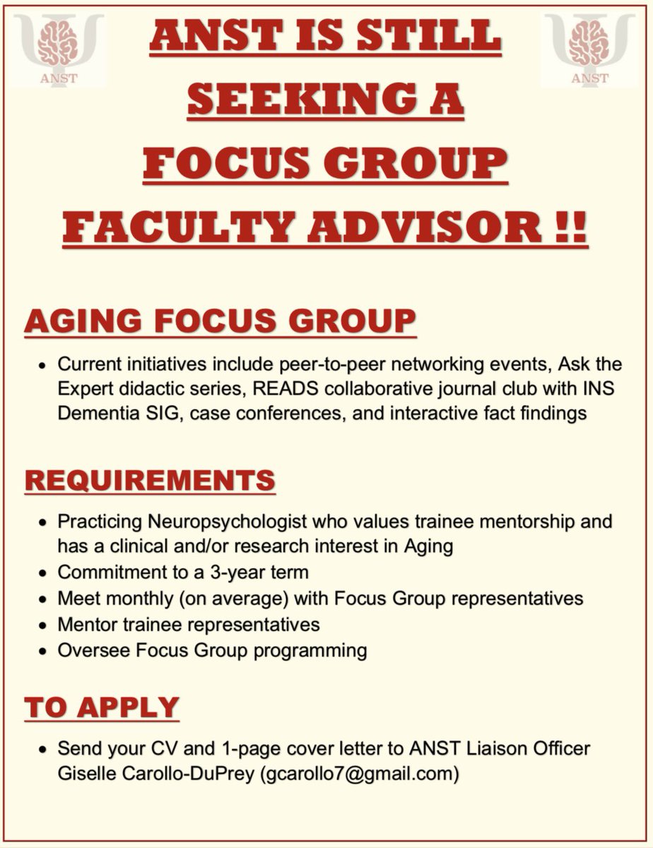 DIV40ANST (@div40anst) on Twitter photo 🚨🚨Are you a NEUROPSYCHOLOGIST with a clinical and/or research focus on AGING? Apply today to become a faculty advisor for the wonderful <a href="/ANSTAgingGroup/">ANST Aging Focus Group</a>! 🚨🚨Are you a NEUROPSYCHOLOGIST with a clinical and/or research focus on AGING? Apply today to become a faculty advisor for the wonderful <a href="/ANSTAgingGroup/">ANST Aging Focus Group</a>!