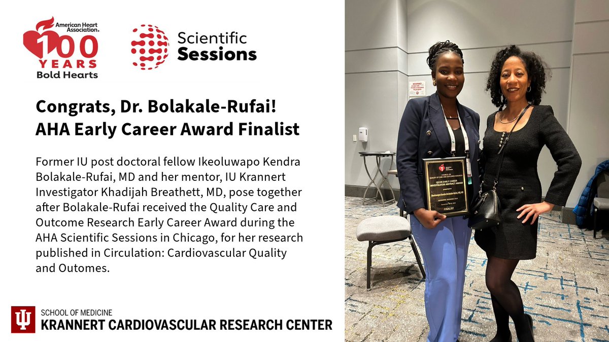 Krannert Cardiovascular Research Center (@iukrannertheart) on Twitter photo Congrats to former <a href="/IUMedSchool/">IU School of Medicine</a> postdoc <a href="/Ike_Rufai/">Ike Kendra Bolakale-Rufai, MD, MS</a> on receiving a QCOR Early Career Investigator Award at #AHA24 for her cardiovascular #HealthEquity and #HealthOutomes research under the mentorship of IUKrannert Investigator <a href="/KBreathettMD/">Khadijah Breathett, MD, MS, FACC, FAHA, FHFSA</a> ! 👏👏 go.iu.edu/8rEa Congrats to former <a href="/IUMedSchool/">IU School of Medicine</a> postdoc <a href="/Ike_Rufai/">Ike Kendra Bolakale-Rufai, MD, MS</a> on receiving a QCOR Early Career Investigator Award at #AHA24 for her cardiovascular #HealthEquity and #HealthOutomes research under the mentorship of IUKrannert Investigator <a href="/KBreathettMD/">Khadijah Breathett, MD, MS, FACC, FAHA, FHFSA</a> ! 👏👏 go.iu.edu/8rEa