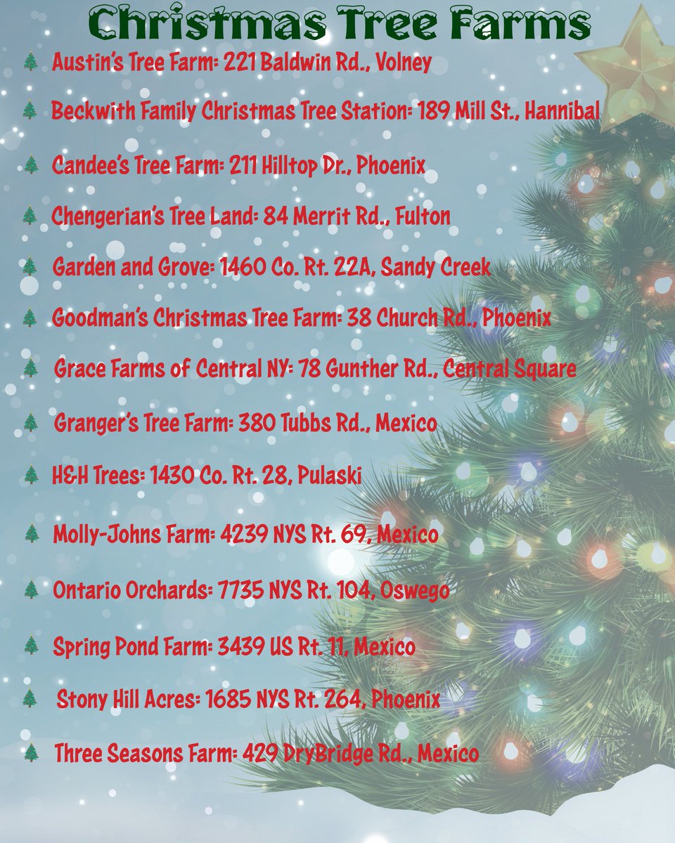 The holiday season is upon us and a lot of people will be looking for that perfect tree for their family. Make it an Oswego County tree! For more information on local tree farms, visit visitoswegocounty.com/directory/?_di….🎄

#visitoswegocounty