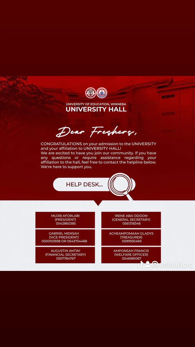 *Attention! Attention! All Students!
Our help desk is here to provide support and guidance on:
- Hall rules and regulations
- Payment and billings inquiries 
- General hall-related concerns
Contact any information above on the flyer for assistance.  
 *PRO* 
(Nina Suglo)