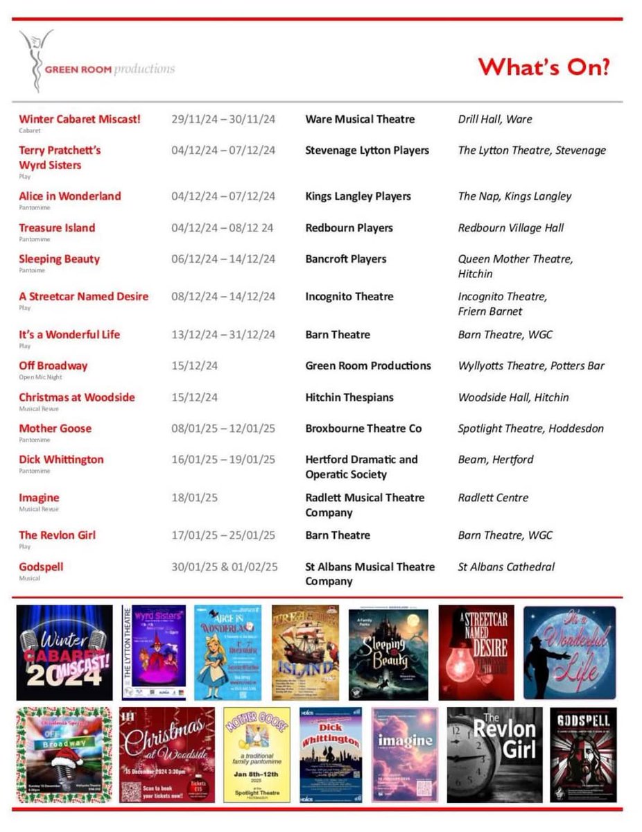 What's on?

<a href="/LyttonPlayers/">Lytton Players</a> <a href="/KLPOfficial/">Kings Langley Players</a> <a href="/Incogs_Theatre/">Incognito Theatre</a> <a href="/QMTweeters/">Queen Mother Theatre</a>  <a href="/BarnTheatreWGC/">The Barn Theatre</a> <a href="/HitchinThesps/">Hitchin Thespians</a> <a href="/BroxbourneTC/">BroxbourneTheatreCo.</a> <a href="/HDandOS/">HD&OS</a> <a href="/radlettmtc/">RMTC</a> <a href="/StAlbansMusical/">St Albans Musical</a>  <a href="/Wyllyotts/">Wyllyotts Theatre</a> <a href="/BEAMHertford/">BEAM Hertford</a> <a href="/RadlettCentre/">The Radlett Centre</a>