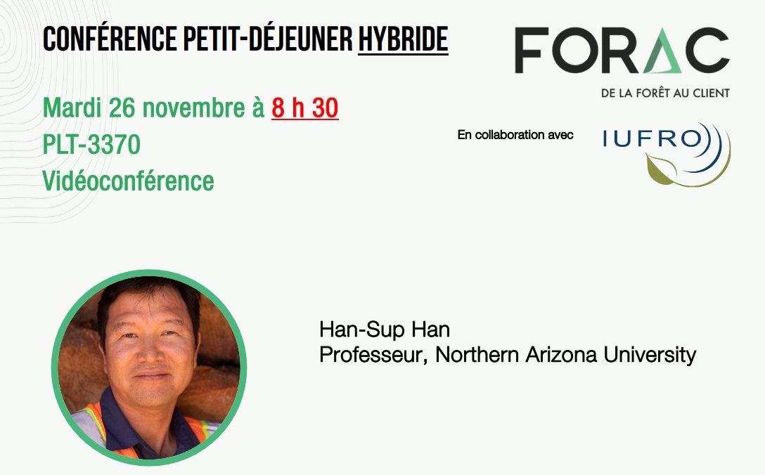 Do want to learn more about Forest Operations?  FORAC invites you to its upcoming Petit Déjeuner Webinar, scheduled for November 26 2024 from 8:30-9:30 AM  ET(Canada). by Dr. Han-Sup Han, Professor, Northern Arizona University ulaval.zoom.us/j/64183030195?…
ID:641 8303 0195
Code:724540