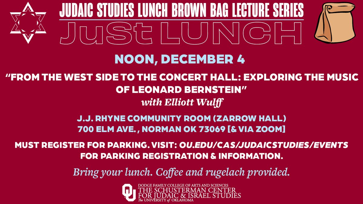 Join us next Wednesday(12/4) for our final JuSt Lunch of the semester! "From the West Side to the Concert Hall: Exploring the Music of Leonard Bernstein” with Elliott Wulff!
For parking &amp; info:
ou.edu/cas/judaicstud…