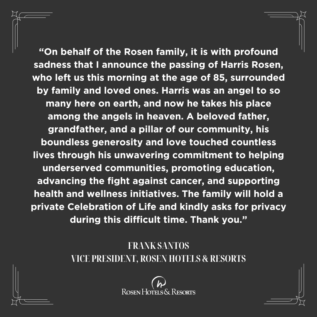RosenHotels's tweet photo. In loving memory of our very own, Harris Rosen. 🤍 https://t.co/8ygSpXHmud