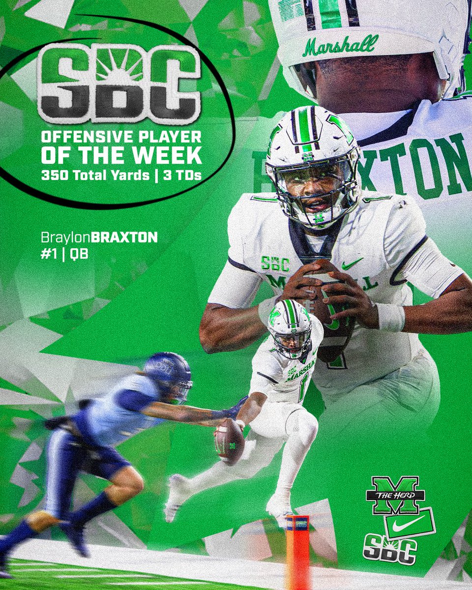 𝑩𝒓𝒂𝒚𝒍𝒐𝒏'𝒔 𝑻𝒉𝒆 𝑩𝒆𝒔𝒕!!

Marshall QB Braylon Braxton (<a href="/braylon_braxton/">Braylon Braxton</a>) was named the SBC Offensive Player of the Week after going for 350 total yards and 3 TDs in the Herd's 42-35 win at ODU.

🔗: bit.ly/B1SBCPOTW