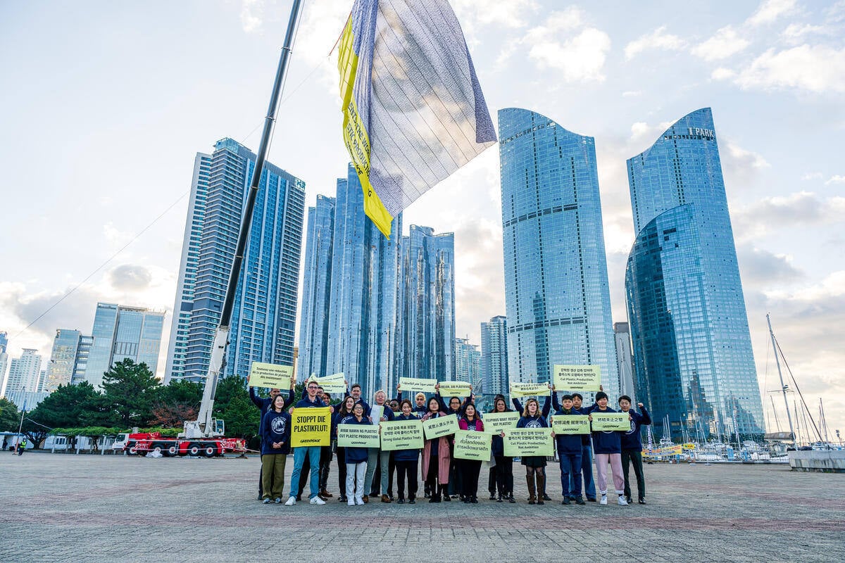 greenpeaceQC's tweet photo. 👁 Ce n'est pas un secret : les leaders du monde et les lobbyistes des énergies fossiles ne veulent pas que vous sachiez ce qui se passe cette semaine.

@greenpeacekorea envoie un message aux gouvts. lors des négociations du #TraitéPlastiques: Le 🌏 vous observe! @s_guilbeault https://t.co/U941wxApkb