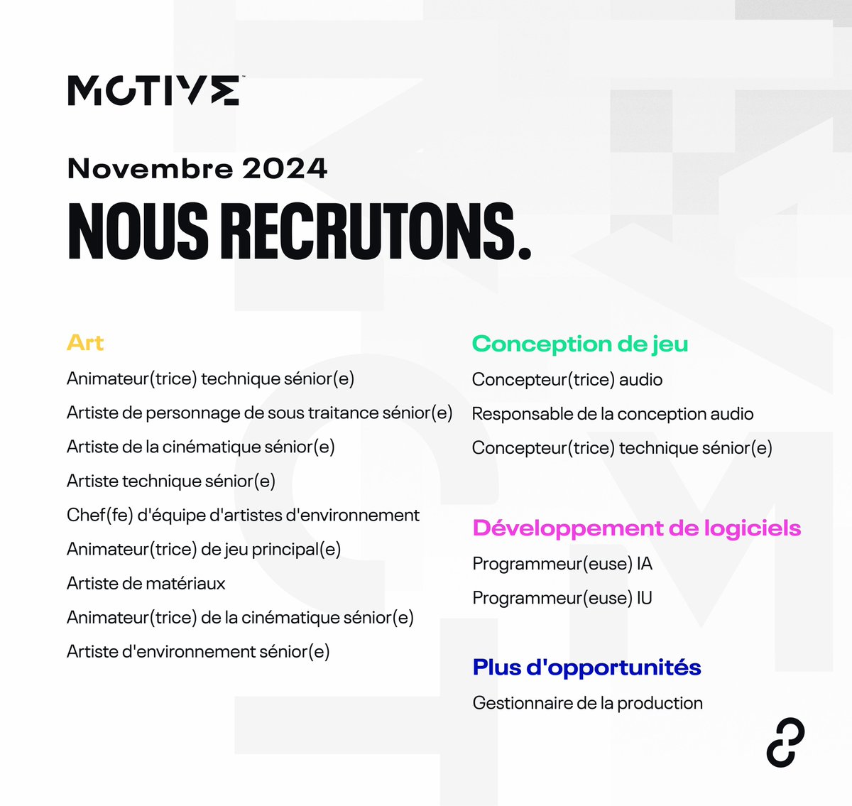 Motive (@motivestudio) on Twitter photo Nous sommes ravis de partager tous les rôles que nous avons à combler! 🎉🙌 Pour plus de détails et pour postuler: x.ea.com/82487 #Embauche #Recrutement Nous sommes ravis de partager tous les rôles que nous avons à combler! 🎉🙌 Pour plus de détails et pour postuler: x.ea.com/82487 #Embauche #Recrutement