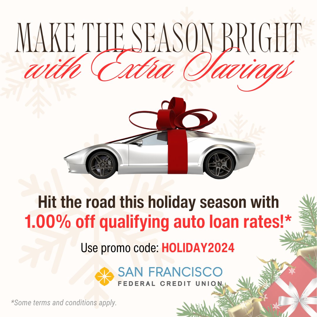 Drive into the holidays with savings! For a limited time, get 1% off qualifying auto loan rates. Offer ends 1/31/2025. Some terms and conditions apply. For more information, visit linkedin.com/feed/update/ur…. #HolidaySavings #DriveInto2025 #AutoLoans #SFFedCU