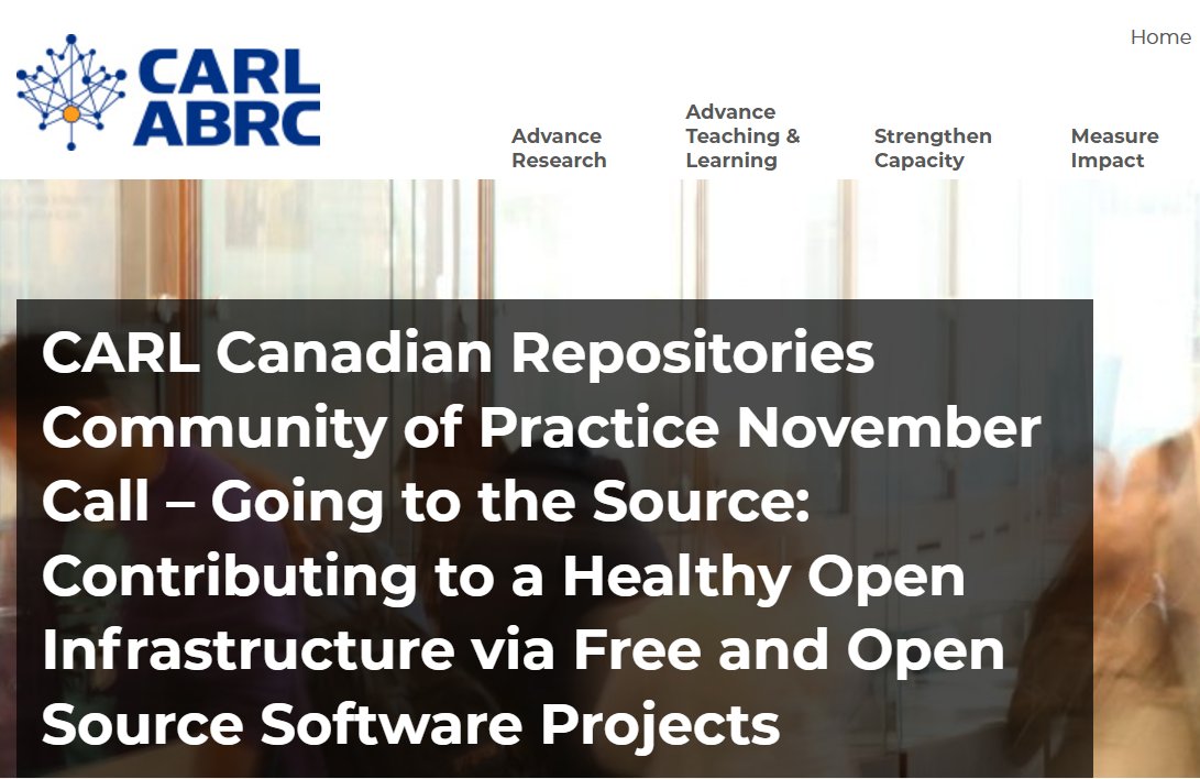 Public Knowledge Project (PKP) (@pkp) on Twitter photo <a href="/carlabrc/">CARL / ABRC</a> <a href="/carlabrc/">CARL / ABRC</a>'s Canadian Repositories Community of Practice November Call is “Going to the Source: Contributing to a Healthy #OpenInfrastructure via Free and Open Source Software Projects” (#FOSS)
Join in November 26, 1:00pm – 2:30pm ET
➡️ carl-abrc.ca/mini-site-page…
#SustainOpen <a href="/carlabrc/">CARL / ABRC</a> <a href="/carlabrc/">CARL / ABRC</a>'s Canadian Repositories Community of Practice November Call is “Going to the Source: Contributing to a Healthy #OpenInfrastructure via Free and Open Source Software Projects” (#FOSS)
Join in November 26, 1:00pm – 2:30pm ET
➡️ carl-abrc.ca/mini-site-page…
#SustainOpen