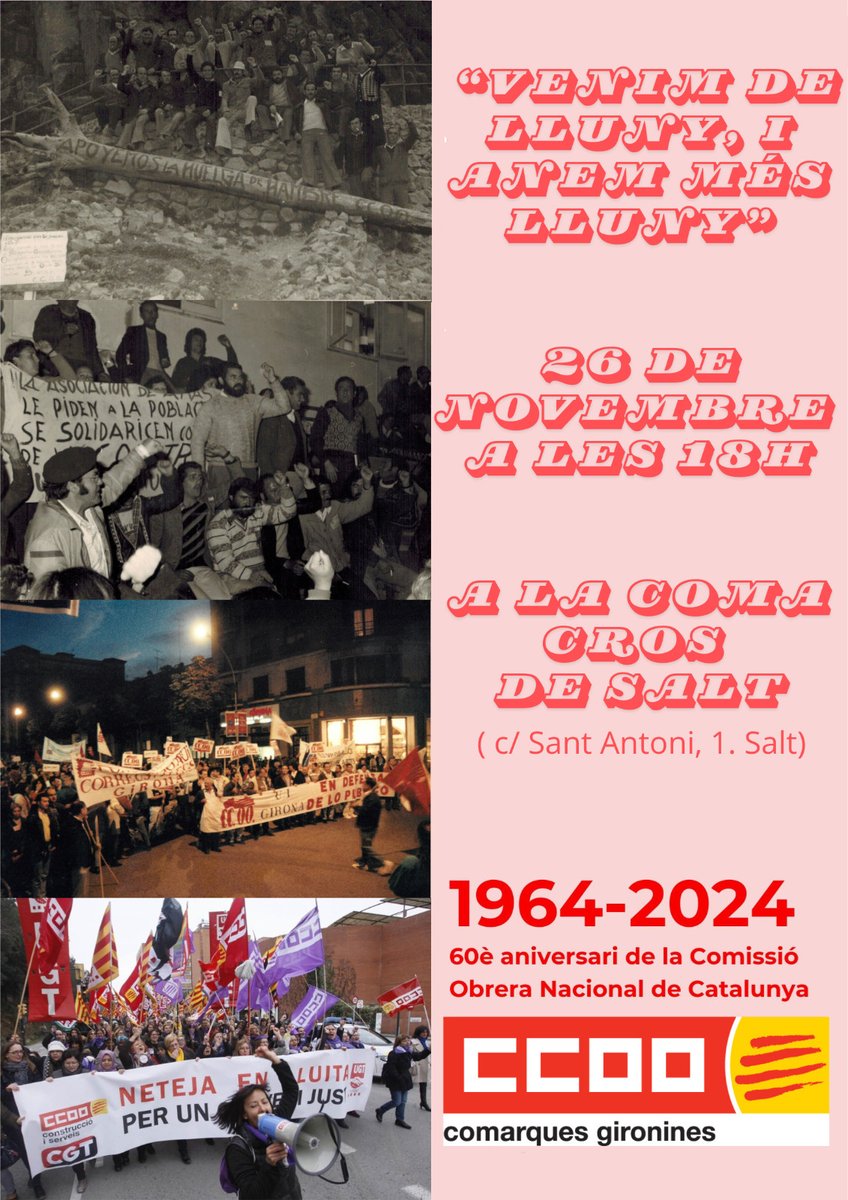 Dema tenim una cita imprescindible per celebrar el 50e aniversari de <a href="/ccoogirona/">ccoogirona</a> a la Coma Cros de Salt. 

El jovent treballador de Comarques Gironines tenim un gran repte encoratjador per defensar els drets laborals, socials i nacionals del nostre territori. Som el present