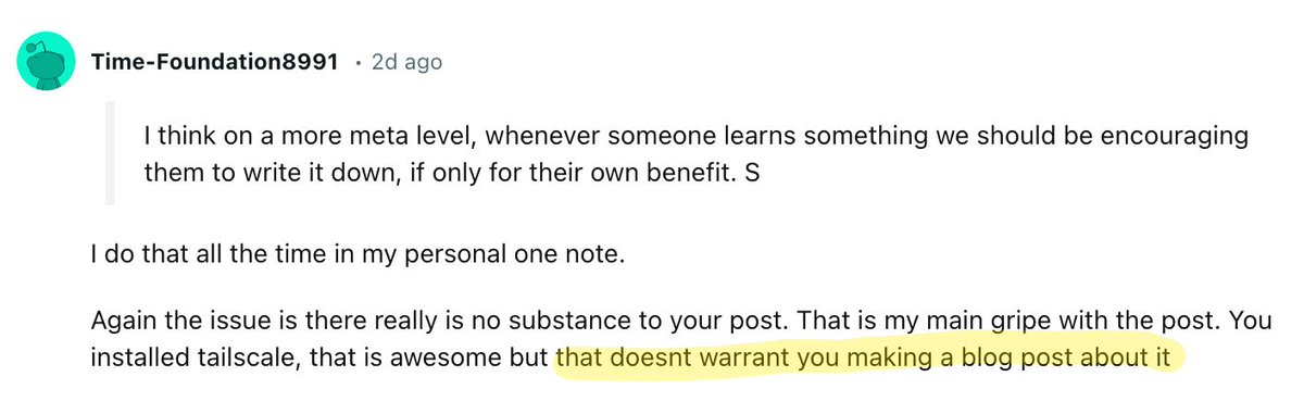Someone on Reddit told me that learning something new doesn't warrant making a blog post about it.

So I wrote a whole blog post about why they're wrong. 

Write more! Publish more! Share more!

aaronfrancis.com/2024/this-does…