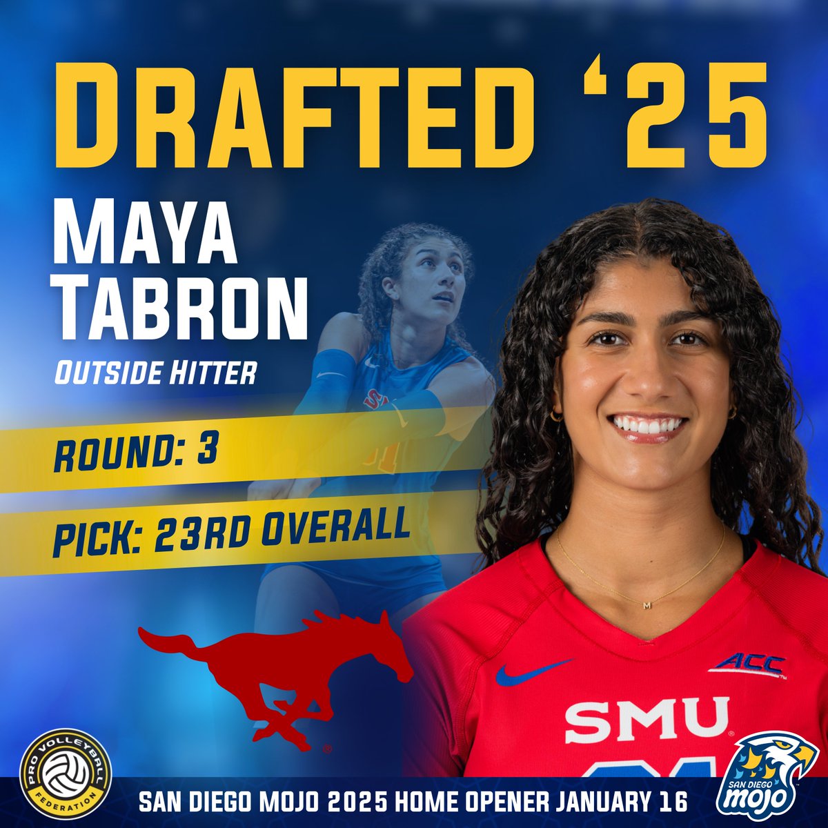 sandiegomojo's tweet photo. With the 23rd pick in the 2024 #PVFDraft, the Mojo select California native Maya Tabron from SMU #SanDiegoMojo | #WeAreMojo | #PVFDraft24 @mtabron13 https://t.co/byxu6nGwvP