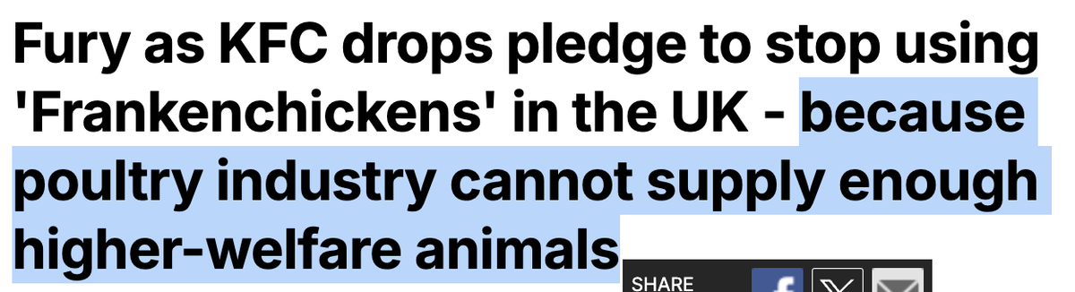 Lewis Bollard (@lewis_bollard) on Twitter photo KFC UK won't fulfill its animal welfare pledge. It says that's because it lacks supply of high-welfare chicken.
Yet its own producer, 2SFG, says it can supply enough high-welfare chicken to meet customer requirements.
When will journalists call out this PR spin? KFC UK won't fulfill its animal welfare pledge. It says that's because it lacks supply of high-welfare chicken.
Yet its own producer, 2SFG, says it can supply enough high-welfare chicken to meet customer requirements.
When will journalists call out this PR spin?