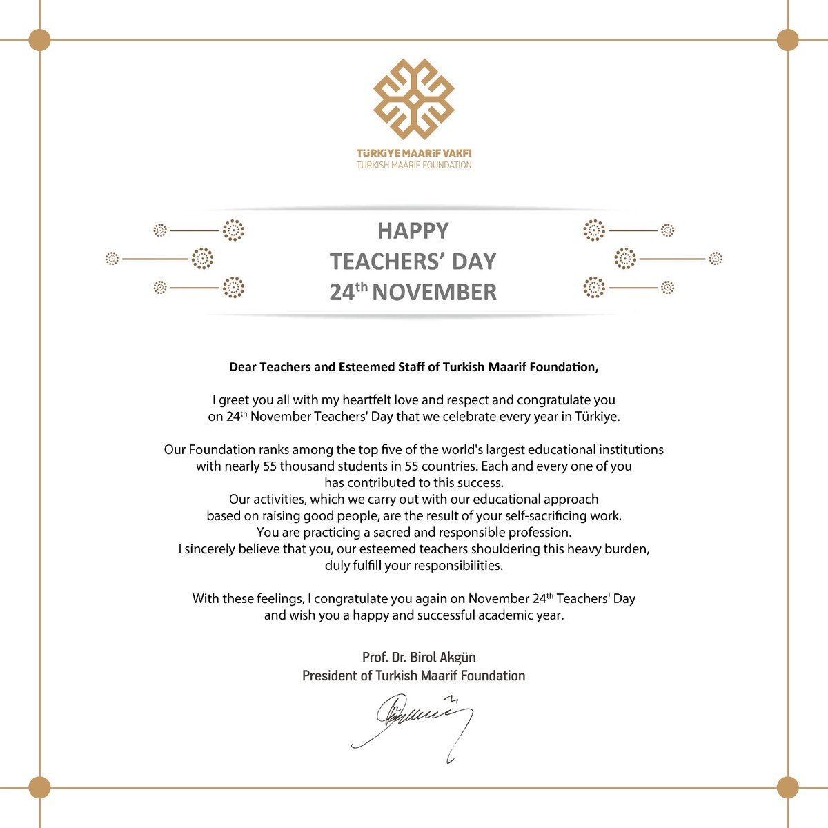 Today, we delivered messages from the president of the Turkish Maarif Foundation, Prof. Dr. Birol Akgün, and the Turkish Ambassador to South Africa, K. Nilvana Darama Yıldırımgeç, to our teachers.