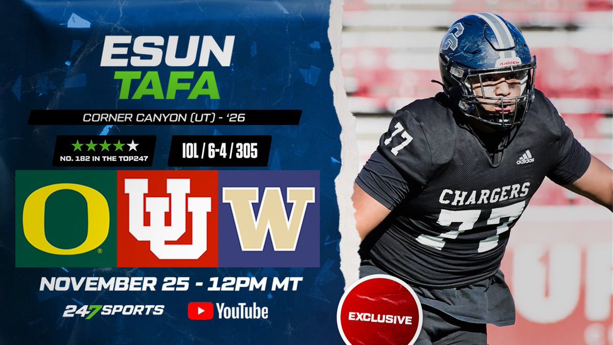 BlairAngulo's tweet photo. Five minutes out from going live to Corner Canyon (UT) where Top247 offensive lineman Esun Tafa is set to come off the board. Oregon, Utah and Washington have hats on the table. Tune in: https://t.co/coVWMn5yrY https://t.co/f0EVCYGpOm