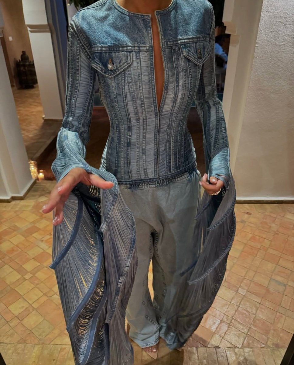 saintdemie's tweet photo. jean paul gaultier ss02 couture denim tassel jacket 💧 https://t.co/zkh8tVtWPC