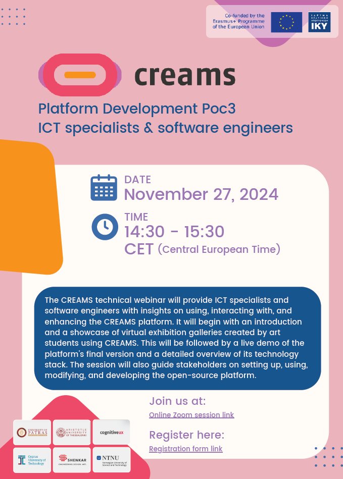creamsproject's tweet image. On the 27th of November 2024, the CREAMS project will host a technical webinar aiming to provide to ICT specialists and software engineers with insights on using, interacting with, and enhancing the open-source CREAMS platform. More information - creams-project.eu/webinar-novemb…