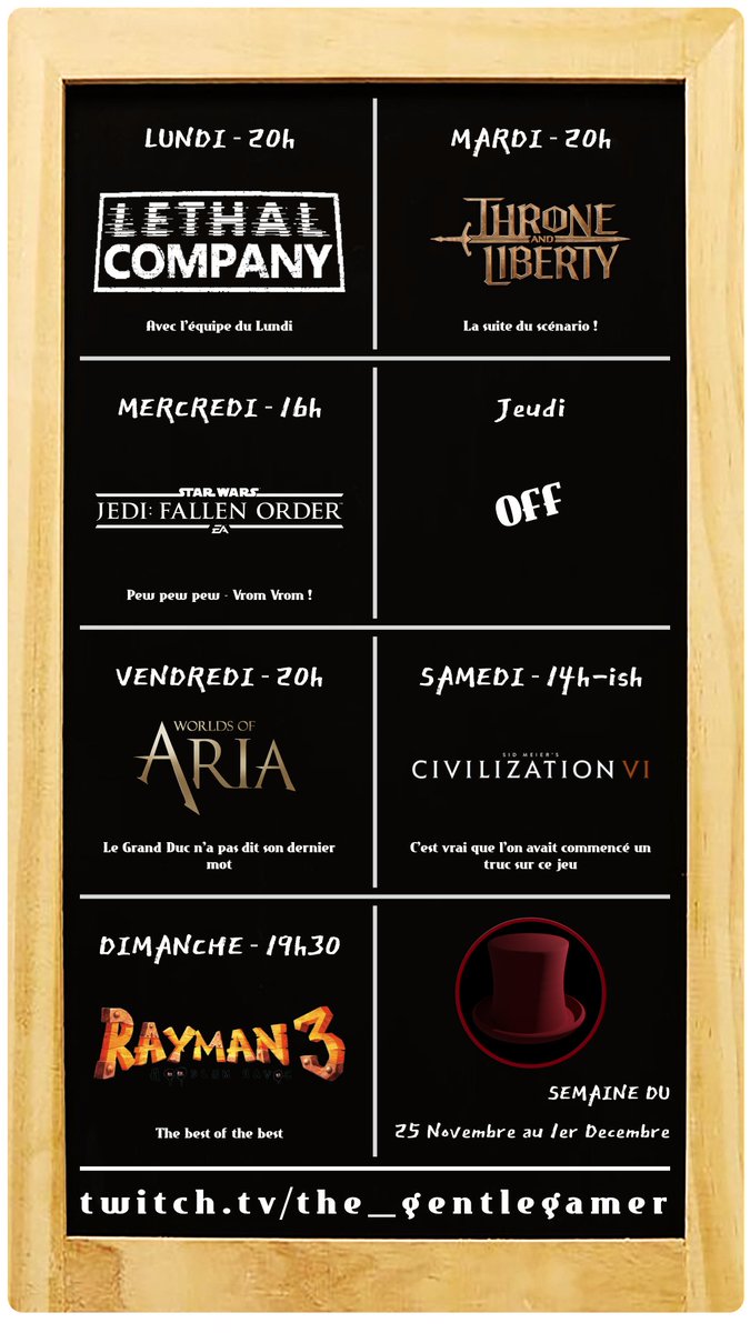 Piouf ça va être une semaine assez chargée en stream !

J'espère vous voir nombreux dans le chat !

Bonne semaine à tous 😄

twitch.tv/the_gentlegamer