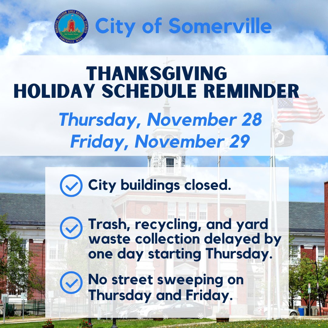 City offices will be closed on Thursday, November 28, and Friday, November 29, for Thanksgiving. Trash, recycling, and yard waste collection will be delayed by one day. No street sweeping on Thursday or Friday.