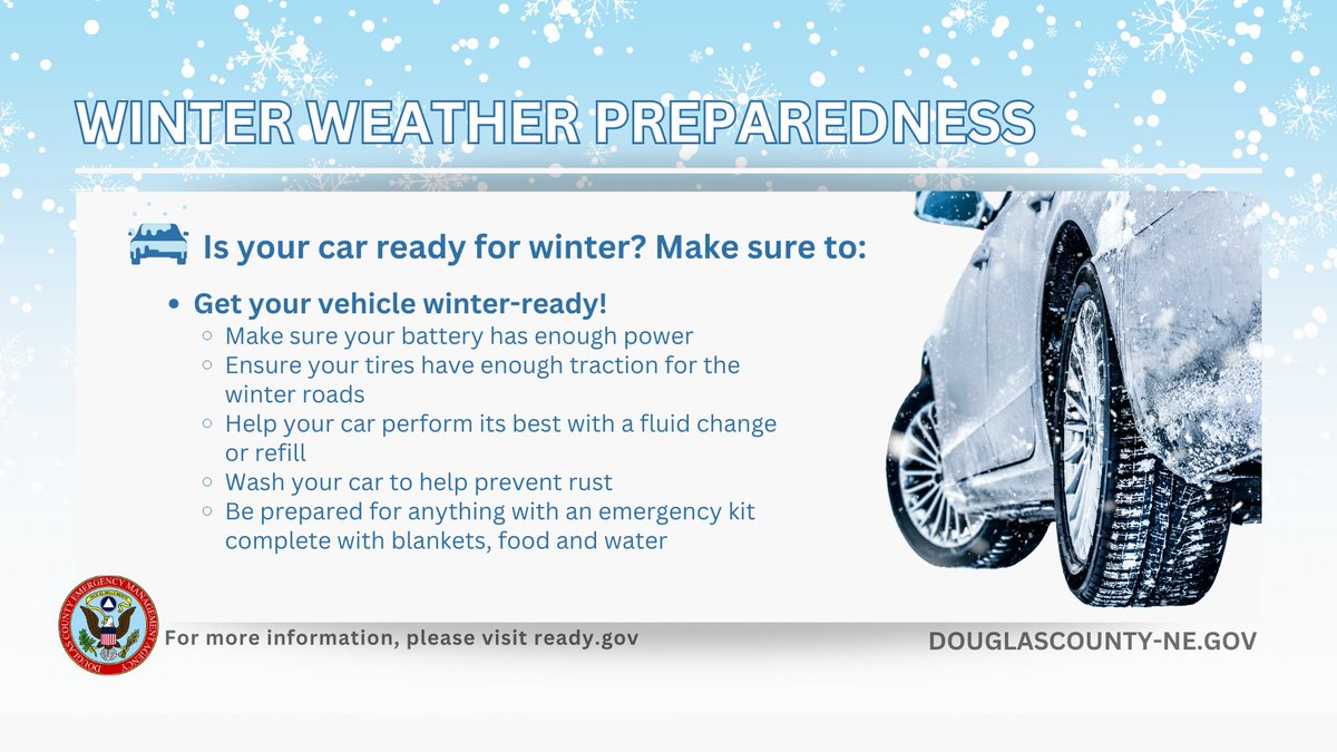 DCEMA_Nebraska's tweet photo. Is Your Car Ready for Winter? As the temp drops, now is the perfect time to make sure your vehicle is prepared for winter conditions! @DCSheriffNE @DouglasCountyNE @OmahaPolice @OmahaFireDept #wintercarprep #Nebraska #douglascounty #staysafeontheroad https://t.co/2Z4sAPg2PG