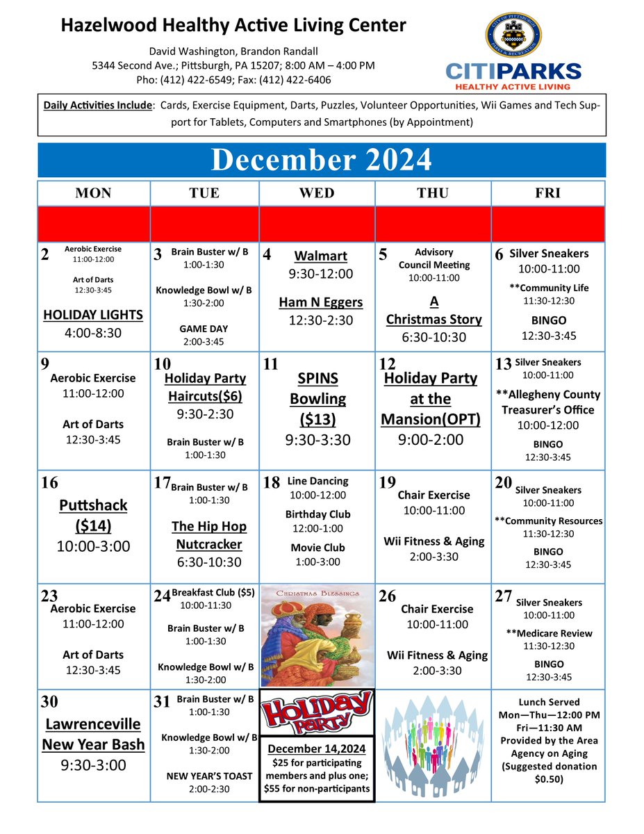 Delight in December at our HAZELWOOD HAL Senior Center!

<a href="/Pittsburgh/">City of Pittsburgh</a> Seniors (60+) join us for fitness, games, crafts, community and much more!

Senior Center details: pittsburghpa.gov/citiparks/seni…

<a href="/MayorEdGainey/">Mayor Ed Gainey</a>