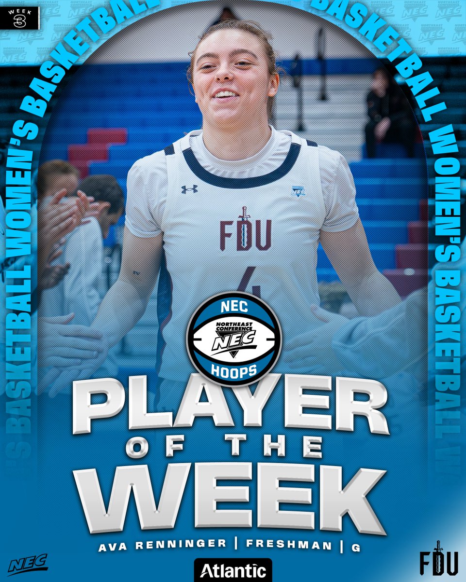 NECsports's tweet photo. 🏀🏅 The #NECWBB/@tomorrowsoffice Player of the Week is 𝗔𝘃𝗮 𝗥𝗲𝗻𝗻𝗶𝗻𝗴𝗲𝗿 from @FDUKnights ‼️
» Averaged 15.5 points to lead FDU to a 1-1 record
» Dropped 1️⃣9️⃣ points & had 4️⃣ boards at #2 UConn
» The first NEC baller to 🧹 #NECROW & #NECPOW honors since 2023
#NECelite https://t.co/gLQQh3bBo1
