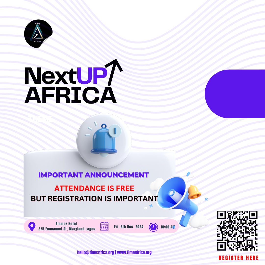 time_africa's tweet photo. Join Us at NextUP Africa! 🚀

We’re thrilled to announce the NextUP Africa event, happening on Friday, December 6th, 2024, at the Elozmaz Hotel, Maryland, Lagos.  

📢 Important Announcement: Attendance is FREE, but registration is mandatory! https://t.co/tkaPeRnIze