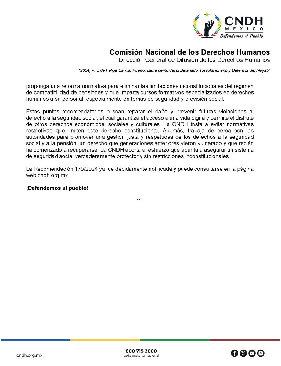 Con la #Recomendación 179/2024 solicitamos al <a href="/ISSSTE_mx/">ISSSTE</a> otorgar a una #Mujer el pago íntegro de sus pensiones por riesgo de trabajo y jubilación.

Consúltala. 👇🏾

🟢 cndh.org.mx/documento/reco…

#DefendemosAlPueblo