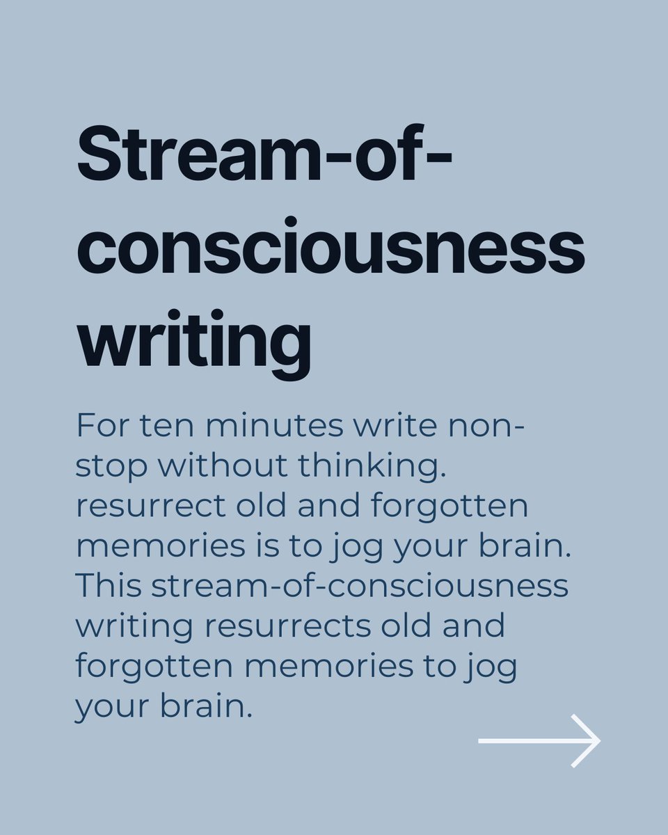 letsfixtheworld's tweet photo. 4. For ten minutes write non-stop without thinking. resurrect old and forgotten memories is to jog your brain. This stream-of-consciousness writing resurrects old and forgotten memories to jog your brain. https://t.co/rAnkPEc9Gt