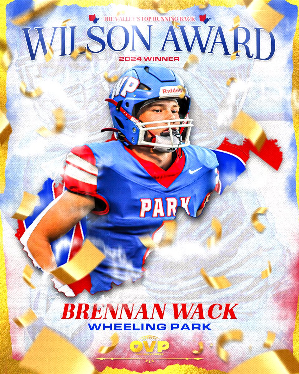 Ohio Valley Preps (@ohiovalleypreps) on Twitter photo ๐ Introducing your 2024 Wilson Award Winner <a href="/Brennanwack25/">Brennan Wack</a> of Wheeling Park signifying the top RB of the season!
Wack moved to RB this season and has rushed for nearly 2,000 yards and 26 touchdowns through 11 games. The junior also set the single game school record for rushing. ๐ Introducing your 2024 Wilson Award Winner <a href="/Brennanwack25/">Brennan Wack</a> of Wheeling Park signifying the top RB of the season!
Wack moved to RB this season and has rushed for nearly 2,000 yards and 26 touchdowns through 11 games. The junior also set the single game school record for rushing.