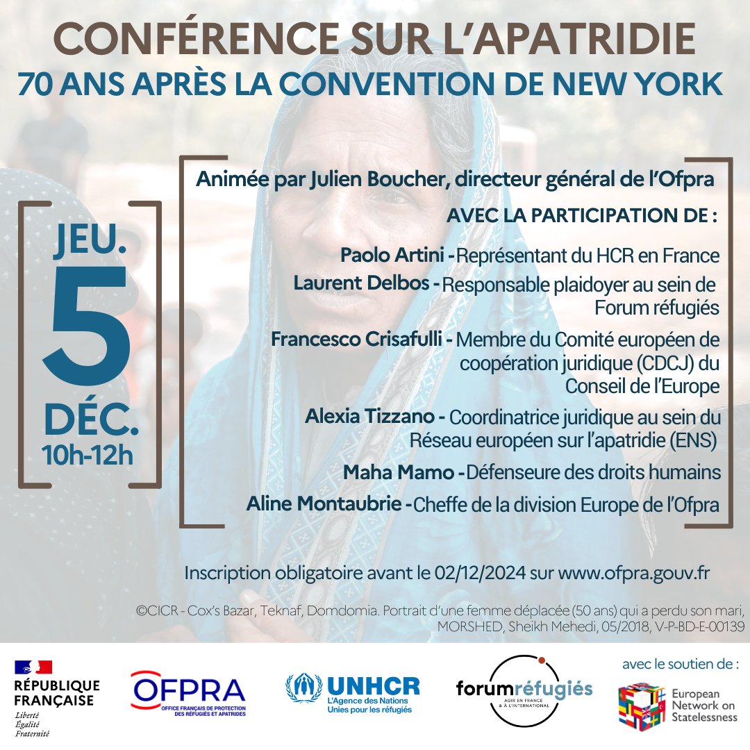 📣 Plus que 7 jours pour s'inscrire ! 📣

70 ans après la Convention de New York relative au statut des apatrides, le HCR organise avec @ofpra et <a href="/forumrefugies/">Forum réfugiés</a> une conférence sur l'apatridie.

Plus d'infos et inscriptions ➡️ bit.ly/3AA899P