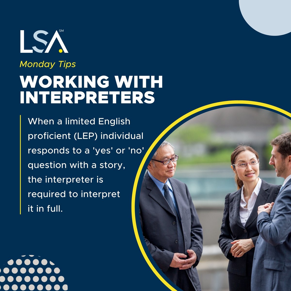 LSAWeb's tweet image. When a limited English proficient (LEP) individual responds to a &apos;yes&apos; 👍 or &apos;no&apos; 👎 question with a story, the #interpreter is required to interpret it in full — it&apos;s not the interpreter&apos;s mistake. #WorkingWithInterpreters